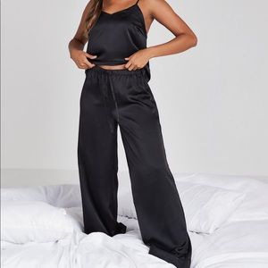 NWT Missguided Black Satin Cami Top and Wide Leg Bottoms Pajama Set